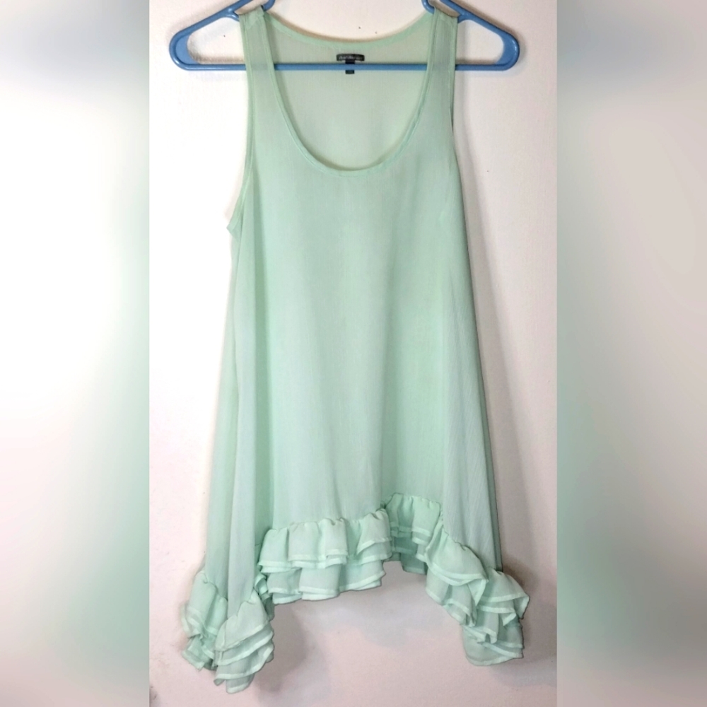⭐Casual Mint Green Blouse Seeveless Ruffled Hem Top Tank Top Sheer Shirt Sz. XS